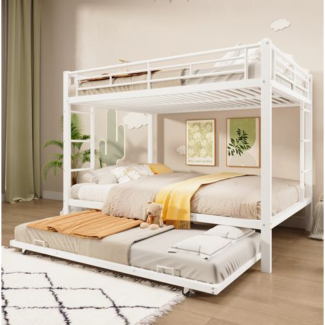 Cama litera infantil con cama nido, 204x146x160.5 cm, barandillas altas, metal, blanco (1/5)