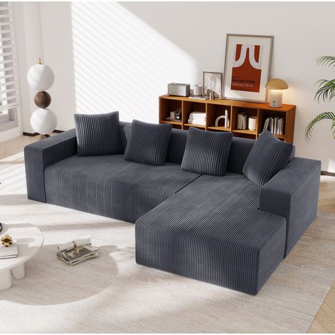 Sofa 261/146/65 cm grau aus Cord mit Chaiselongue und 4 Kissen (1/5)