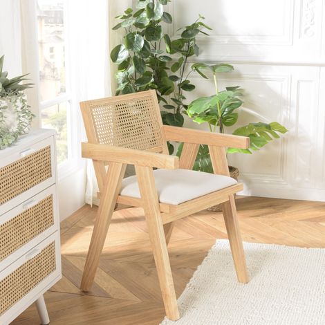 AGATHE - Fauteuil bois d'Hévéa dossier rotin naturel tissu blanc (1/5)