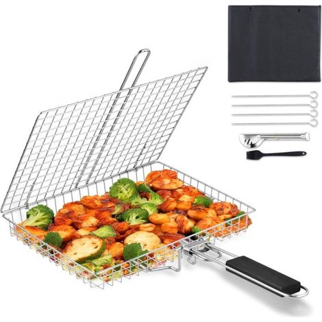 Panier à Griller Poisson, Grille-Barbecue Inox Avec Sac de Rangement & Brosse, Pliable Et Portable, Grille Barbecue Poignée Amovible Pour Légumes, Steak, Crevettes, Côtes - (1/4)