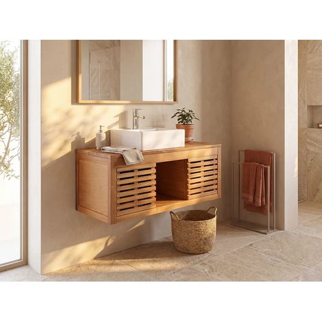 Vente-Unique – Meuble suspendu en bois d'acacia avec vasque céramique – Longueur 90 cm – Type à suspendre – Rangement avec niche décorative (1/5)