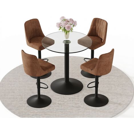 Ensemble table ronde avec deux chaises noires, plateau MDF effet bois brun de 100 cm avec insert en verre trempé, style moderne (1/5)
