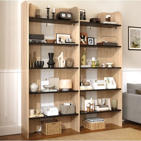 Estantería librería (160x135x25 cm), de 5 niveles, gran capacidad, con separadores centrales, tablero de partículas, natural y negro (1/5)