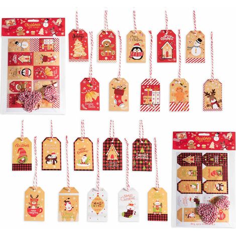 Étiquettes cadeau de Noël en papier coloré à motifs et inscriptions, avec cordon, set de 16, étiquette : 4 x H. 7 cm
