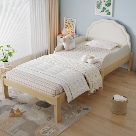 Lit enfant simple capitonné, bois beige/naturel 90x200 cm avec tête de lit en PU, barrières latérales et sommier à lattes (1/5)