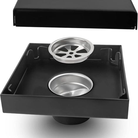 Siphon de sol carré pour douche, en acier inoxydable noir, à installation discrète, adapté aux zones humides et à l'évacuation des eaux usées domestiques.-AquaForge (1/5)