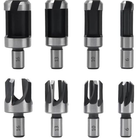 8 Pièces Fraise À Bouchonner Bois, Mèche À Bouchon Bois 6 Mm/10 Mm/13 Mm/16 Mm, Acier Carbone Bois Plug Perceuse Pour Le Travail Du Bois, Forets À Bois À Griffe Et Coniques (1/4)
