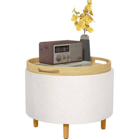 Tabouret rembourré en polaire pliable blanc pour salon douce, compartiment rangement dissimulé, couvercle réversible, (1/5)