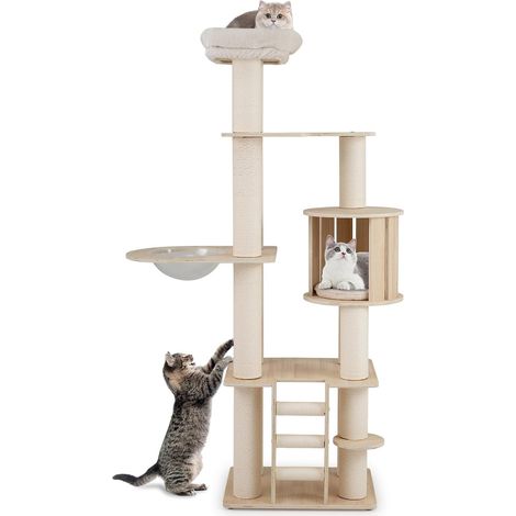 COSTWAY Arbre à Chat XXL 185 cm, 3 Plateformes, Capsule, Condo, Échelle à 3 Marches, Ø 11 cm Poteaux à Griffer, Arbre a Chat Maine Coon, Coussins en Peluche Amovibles Lavables, 60 x 48 x 185 cm (1/5)