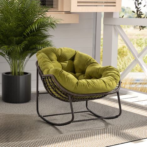 Rocking Chair de Jardin en Rotin avec Coussin, Vert Olive