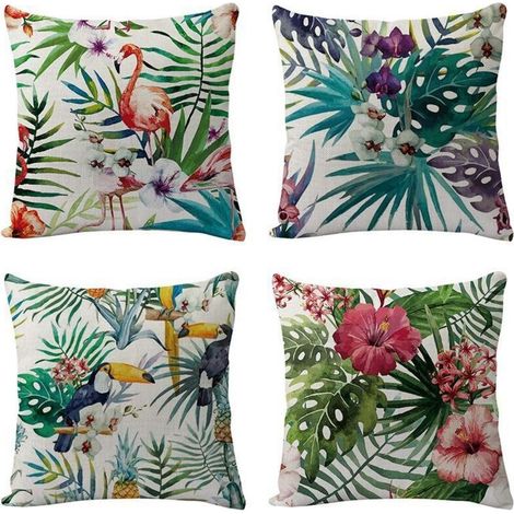 Lot de 4 Housses de Coussin Décoratives motif plantes oiseaux tropicaux decoration pour Canapé Chambre Salon Patio,4545cm