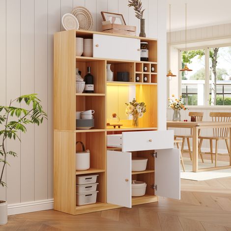 Aparador alto 115 x 35 x 180 cm, mueble de cocina multifuncional con iluminación LED regulable, 1 cajón, 3 puertas, estantes, aglomerado, blanco/natural (1/5)