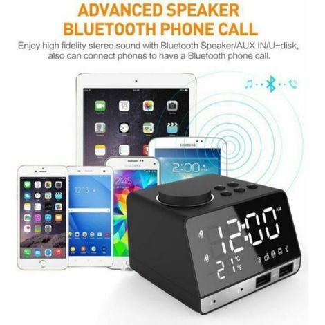 LED double réveil miroir horloge Radio enceinte pour salle de bain basse sans fil bluetooth + port USB + FM Noir noir Femeo (1/4)