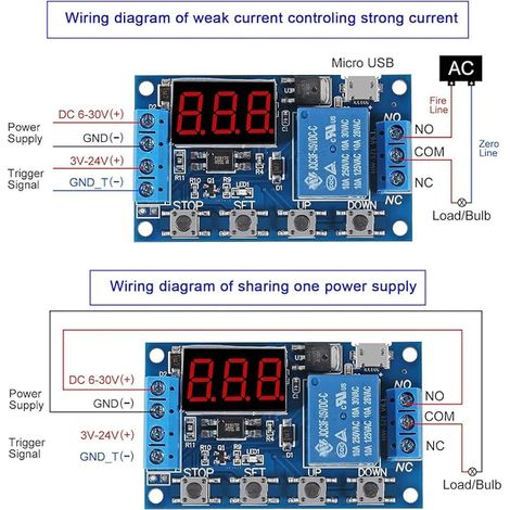 5V 12V 24V 36V DC Relay Timer Module, Trigger Cycle Delay Timer Switch On/Off Relay Module with LED Display, Micro USB 5V (1/3)