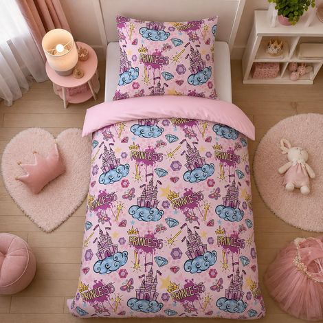 Parure de lit pour enfant - 135 x 200 cm - En microfibre douce - Motif château - Avec fermeture éclair - Avec housse de couette et 1 taie d'oreiller de 80 x 80 cm - Cadeau pour fille (1/5)