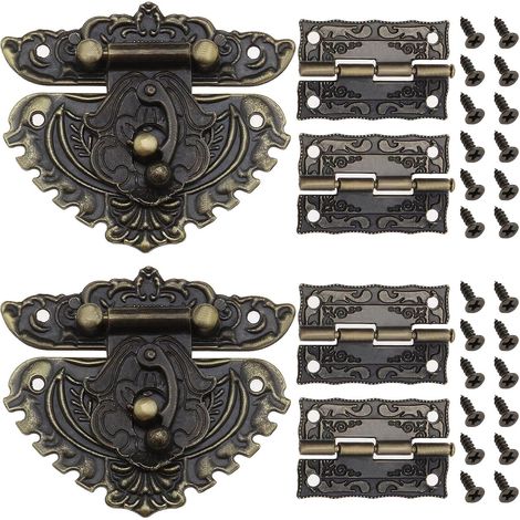 Lot de 2 loquets vintage avec loquet à loquet en relief antique avec charnières et vis Accessoires décoratifs pour meubles d'armoire, boîte en bois (1/5)