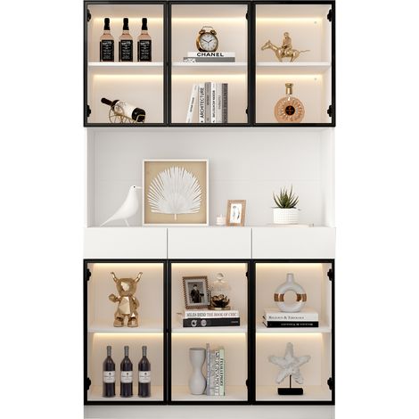 ELVMI Vetrina Alta con 6 Ante, 3 Cassetti, Ripiani Regolabili e LED con Telecomando, Soggiorno, Bianca, 120 x 30 x 200 cm (1/5)
