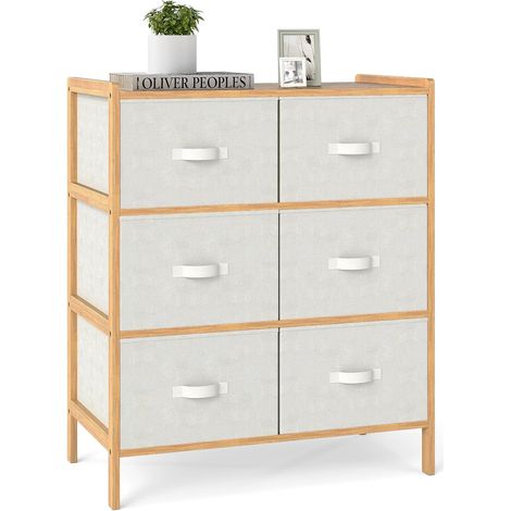 GOPLUS Commode Chambre en Tissu à 3 Niveaux, 66 x 35 x 78,5CM, Commode avec 6 Tiroirs Pliables, Meuble de Rangement Style Moderne avec Dessus en Bambou à Lattes pour Chambre, Salon, Couloir, Entrée (1/5)