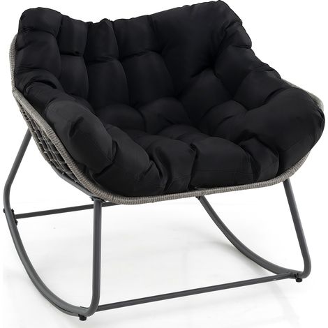 Fauteuil à Bascule d'Extérieur, Fauteuil Œuf Surdimensionné en Osier PE avec Coussin Épais Amovible, 98 x 98 x 87 cm, Charge 150 kg, Noir