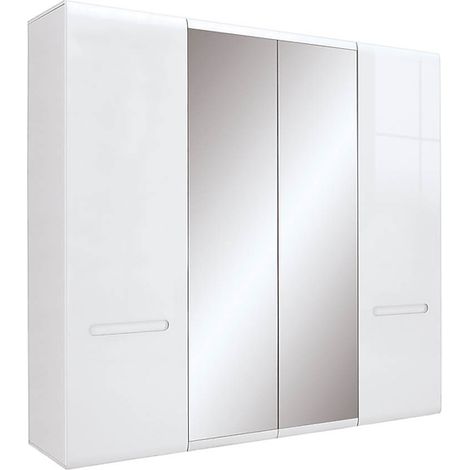 Armoire Placard à 4 portes avec miroir,coloris Blanc/Blanc haute brillance - Longueur 220 x Profondeur 57 x Hauteur 210 cm (1/4)