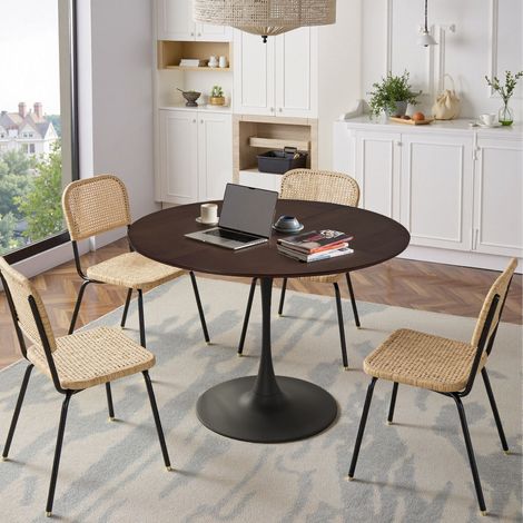 Runder Esstisch mit Tischplatte aus 4 Segmenten und Bootskante, aus MDF und Stahl, 120 x 120 x 75 cm, Braun