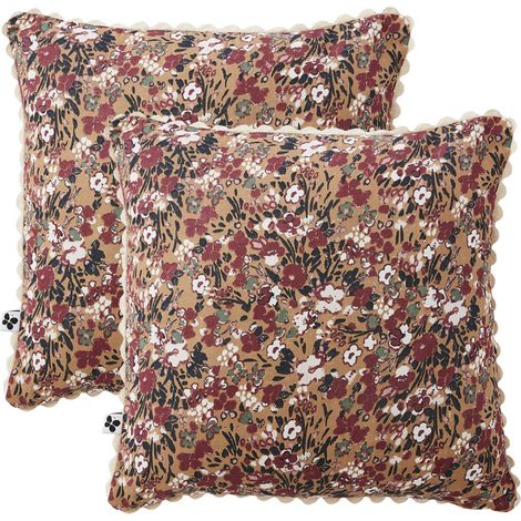 Lot 2 coussins 40 x 40 cm en gaze de coton camel et fleuri - ISABELA 1 (1/5)