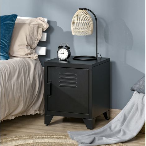 Table de chevet industrielle en métal noir 40 x 40 x 50 cm, étagère réglable, porte jalousie magnétique, pieds ajustables, chambre ou salon  CHICFURN (1/5)
