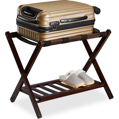 Relaxdays Porte-valise pliant, bois, H x L x P : 54,5 x 66 x 44,5 cm, 2 étagères, repose bagages hôtel, marron