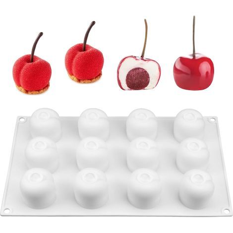 3D-Silikonform für Kirschen, Trompe-l'œil-Fruchtform, BPA-frei, antihaftbeschichtet, für Süßigkeiten, Kuchen, Mousse, Schokolade, Trüffel, Gelee, Muffins (12 Mulden) (1/5)