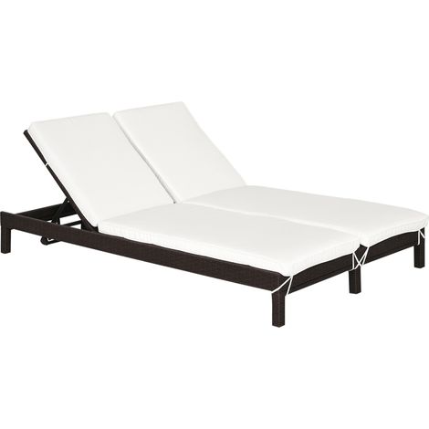 Lettino Prendisole a 2 Posti, Sdraio in Acciaio e Rattan, Schienale Regolabile, 196 x 120 x 28cm Marrone e Bianco Crema