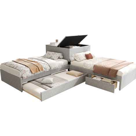 CHICFURN Lit d'angle extensible 90x200 cm avec lit gigogne, rangement, tiroirs et tissu gris, sans matelas, pour petite chambre, chambre d'amis et couchage d'appoint (1/5)