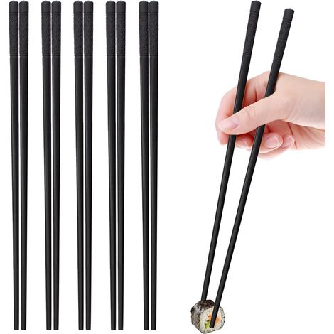 Lot de 5 paires de baguettes lavables au lave-vaisselle, baguettes à sushi et chinoises, 24 cm, réutilisables en alliage noir, antidérapantes (1/5)