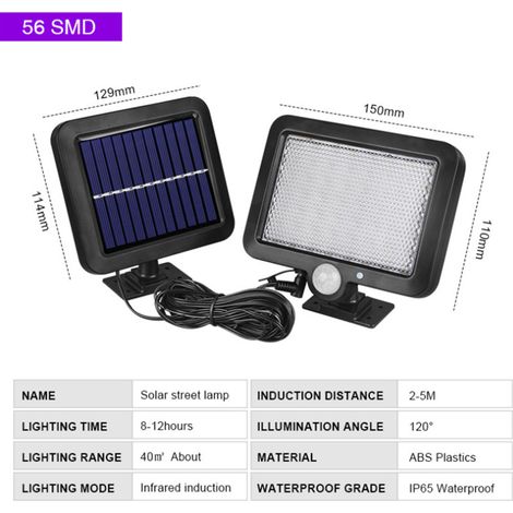 Applique murale solaire extérieure, 56 perles LED, étanche IP65, lampe solaire de porche détachable, câble d'alimentation d'environ 5 mètres (1/5)
