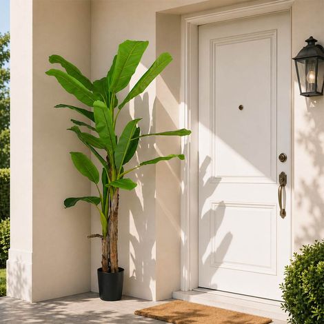 Bananier artificiel avec pot en plastique, plante tropicale artificielle réaliste, 210 cm de haut