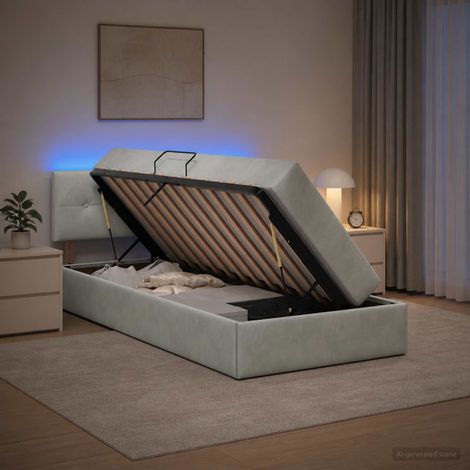 Cama de almacenamiento LED con colchón Gris Claro 90 x 190 cm (1/5)