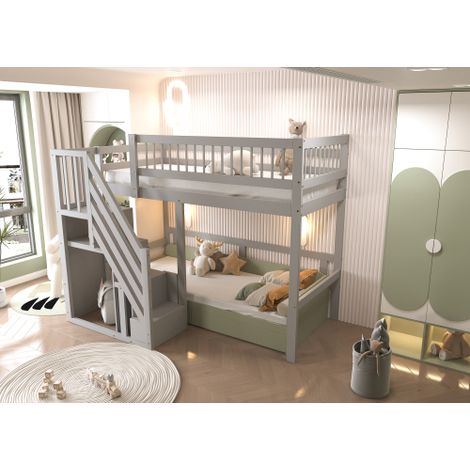Etagenbett Aus Massivholz, Mit Hohem Sicherheitsgitter, Mit Lattenrost, Sicherheitsleiter mit Stauraum, Mit Stauschubladen, Kinderbett Jugendbett