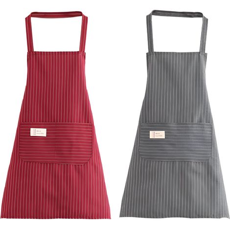 Set mit 2 verstellbaren Küchenschürzen für Damen und Herren, 2 Taschen, rote Streifen, zum Grillen und Kochen