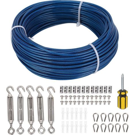 Kit of tensioner of cable metal in steel recouvert of plastic blue, treillis of 3mm for rope to laundry outdoor, line of fence of plants, 100 feet (1/5)