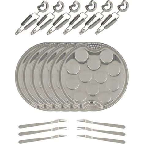Service de couverts Escargots - 18 pièces - 6 assiettes (19 cm de diamètre), chaque assiette pouvant contenir 12 escargots + 6 pinces + 6 fourchettes escargots