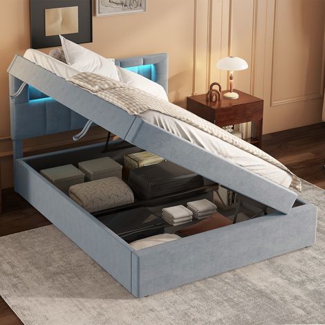 Lit plat, 90200 cm, lit capitonné, lumière d'ambiance en tête de lit, ouverture sur un côté, design minimaliste, grands rangements, tête de lit réglable, velours, gris (1/5)