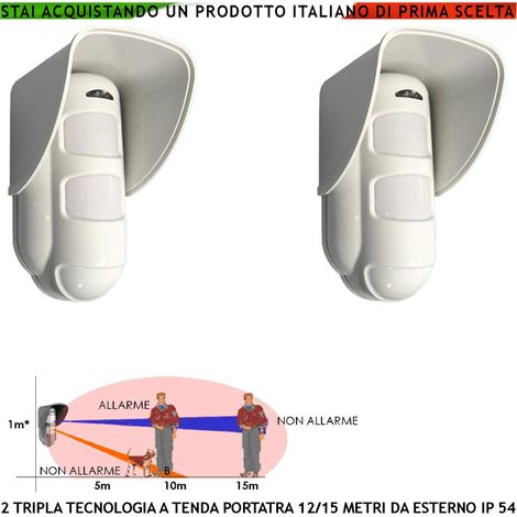Sensore Antifurto Tripla Tecnologia da Esterno 2 Pezzi Portata 15 Metri Grandangolo o Tenda Regolabile da 5/15 Metri Alimentazione 12 V Via Filo Con Snodo Orientab Sensori 2 Pir 1 Microonda AND OR (1/4)