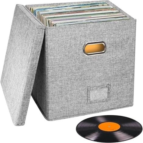 Boîte de Rangement pour Disques Vinyles 7 et 12 pouces, Grande Capacité pour jusqu'à 90 Disques, Pliable et Portable (Gris) (1/5)