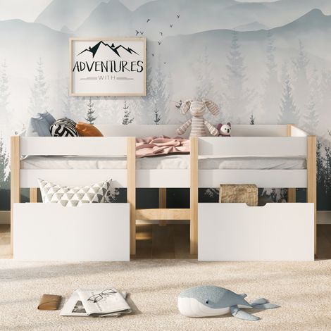 Letto per bambini semi-alto scandinavo 90x200 cm in legno massello bianco con 2 cassetti, scala e protezione anticaduta (1/5)