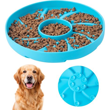 Antischlingnapf für Hunde, Silikon Langsam Fressen Futternapf mit Saugnapf, Labyrinth Hundenäpfe für Mittel Große Hunde, Fressgeschwindigkeit Reduzieren, Ø19CM, 500ml Blau (1/5)