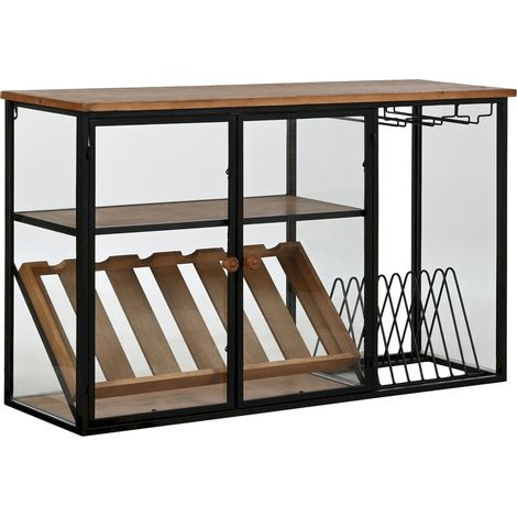 Meuble range bouteilles mural style loft métal verre et bois naturel - Bois naturel et noir mat (1/5)
