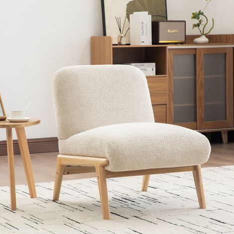 Fauteuil lounge scandinave – Tissu chenille doux, cadre en bois massif – Couleur beige– Pour salon, chambre ou espace détente