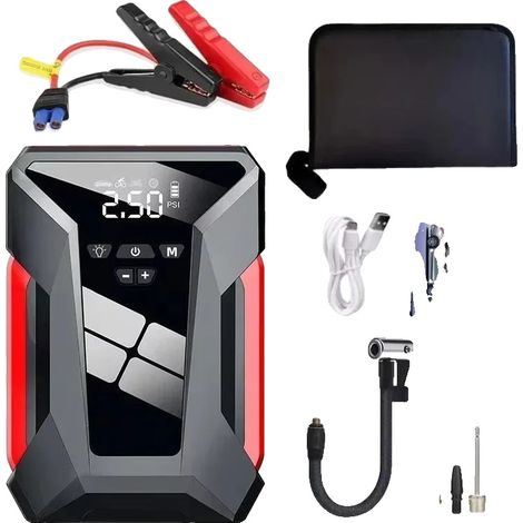 Démarreur de voiture à batterie d'urgence, compresseur d'air 150PSI, lampe de poche LED, 10000mah (1/2)