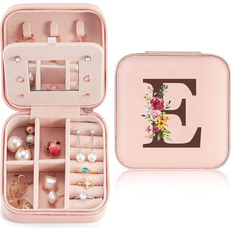 Boîte à Bijoux avec Initiales E, Petit Boite a Bijoux Portable Boîte à Bijoux de Voyage avec Miroir Cuir PU Boite Rangement Bijoux pour Femmes Filles Cadeau Personnalisé pour Anniversaire (1/5)
