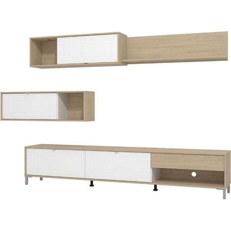 Wohnwand Elice, Wohnzimmermöbel, 7 Regale, 1 Schublade, modular, 234x40x176h cm, weiß matt