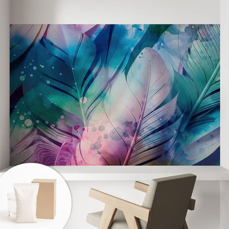 Papier peint intissé mural avec imprimé motifs uniques apparence moderne - Colle incluse gratuite Plumes colorées 104x70 cm (1/5)